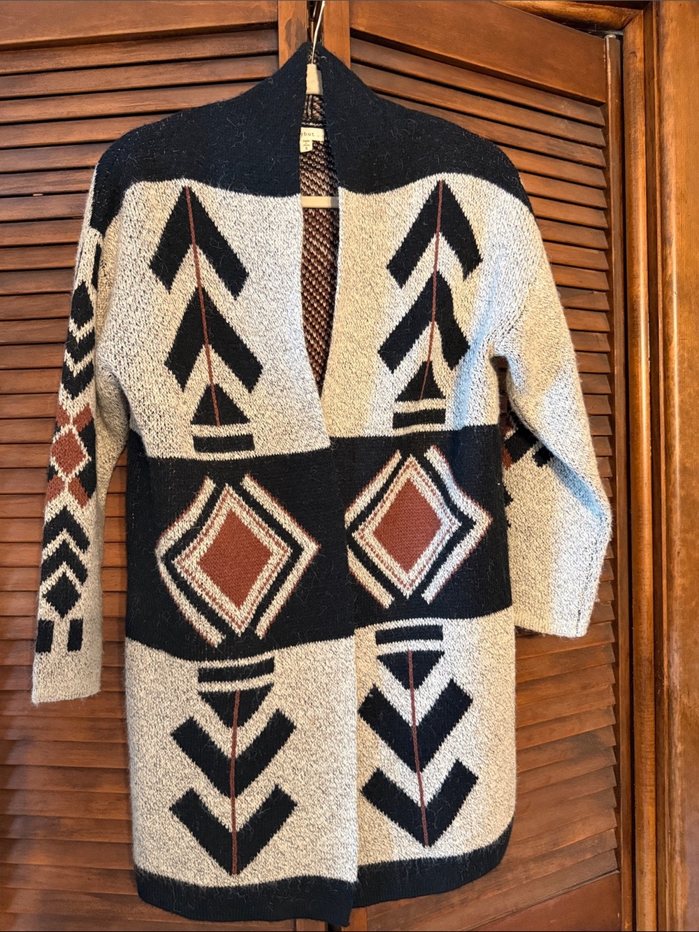 debut Open-Front Geometric Knit Cardigan in Black, Cream & Brown